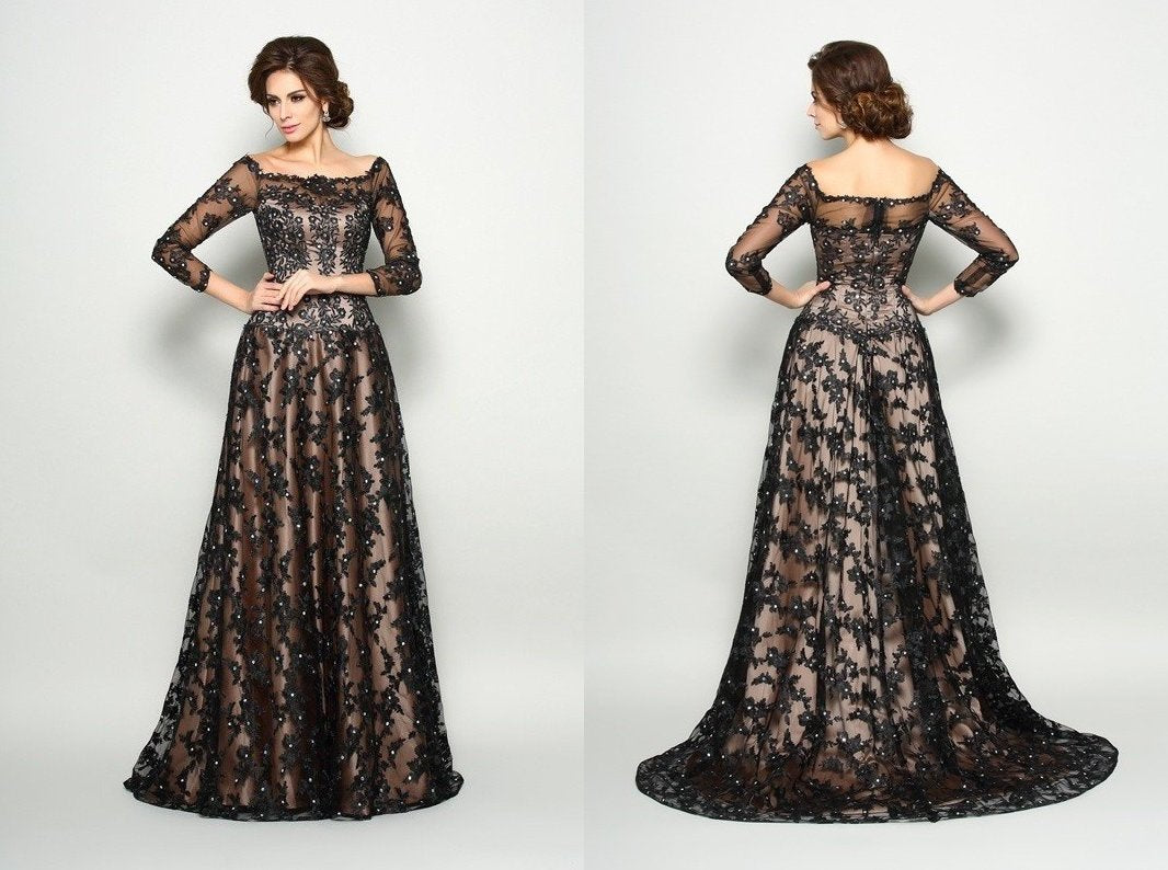 A-Line/Princess Off-the-Shoulder Lace 3/4 Sleeves Long Satin Mother of the Bride Dresses DEP0007102