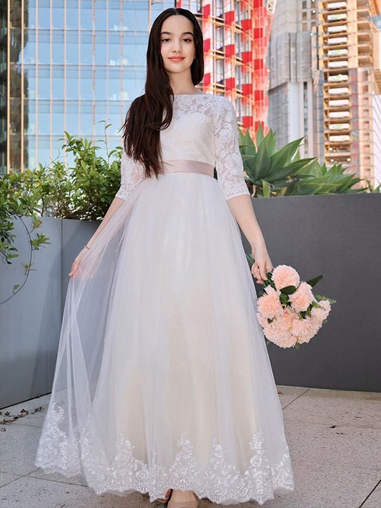 A-Line/Princess Lace Applique Scoop 3/4 Sleeves Floor-Length Junior Bridesmaid Dresses DEP0005859