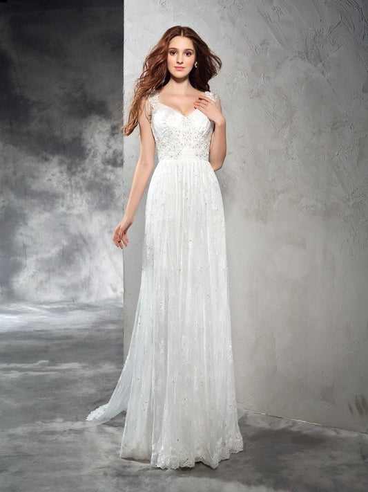A-Line/Princess Straps Lace Sleeveless Long Lace Wedding Dresses DEP0006600