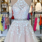 A-Line/Princess Applique Tulle Sleeveless Halter Short/Mini Homecoming Dresses DEP0003814