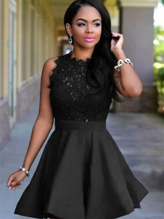 A-Line Jewel Cut Short With Lace Satin Black Homecoming Dresses DEP0008494