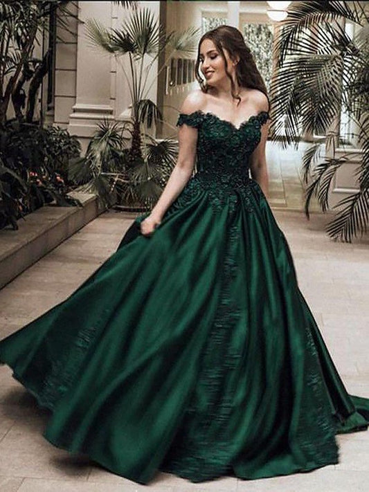 Ball Gown Off-the-Shoulder Sleeveless Floor-Length Lace Satin Dresses DEP0001374