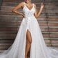 A-Line/Princess Lace Applique V-neck Sleeveless Sweep/Brush Train Wedding Dresses DEP0006048
