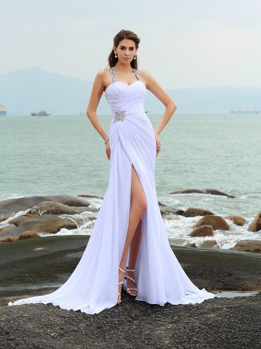 Sheath/Column Straps Beading Sleeveless Long Chiffon Beach Wedding Dresses DEP0006130