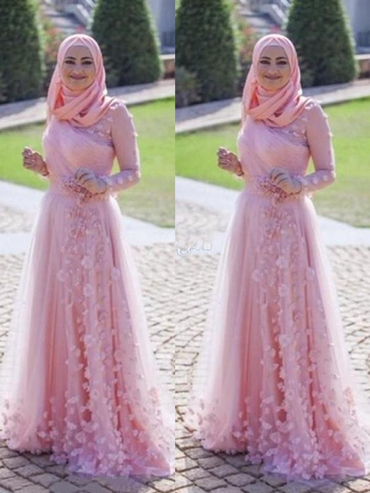 A-Line/Princess Long Sleeves Scoop Sweep/Brush Train Applique Tulle Muslim Dresses DEP0003810