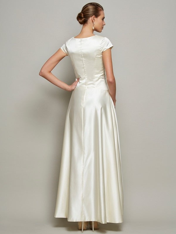 A-Line/Princess Scoop Short Sleeves Beading Long Satin Mother of the Bride Dresses DEP0007075