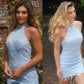 Sheath/Column Lace Beading Halter Sleeveless Short/Mini Homecoming Dresses DEP0004763