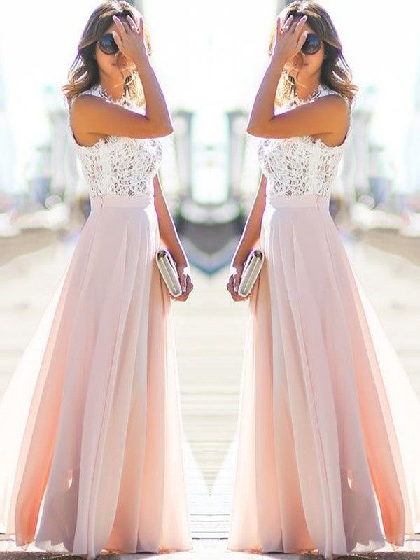 A-Line/Princess Jewel Sleeveless Floor-Length Lace Chiffon Dresses DEP0002382