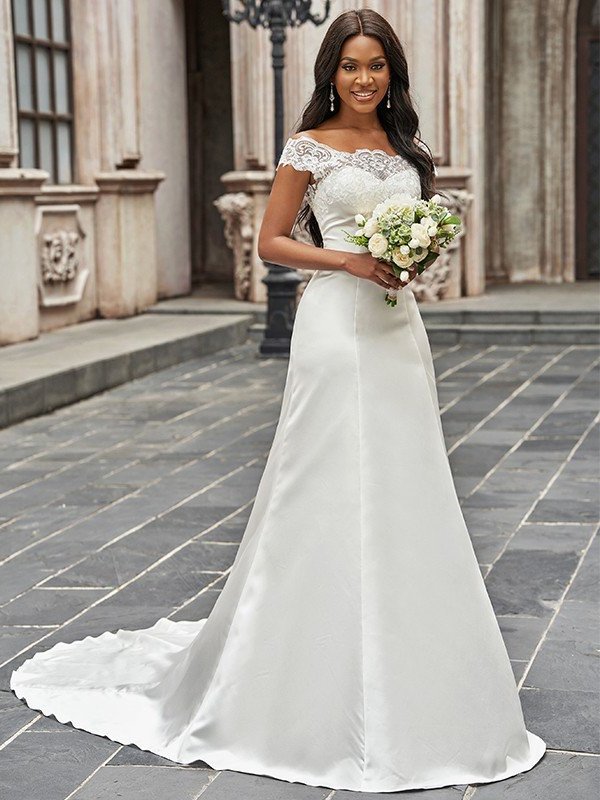 A-Line/Princess Scoop Satin Lace Sleeveless Sweep/Brush Train Wedding Dresses DEP0005925