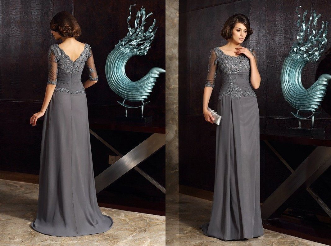 A-Line/Princess Scoop Beading 1/2 Sleeves Long Chiffon Mother of the Bride Dresses DEP0007084