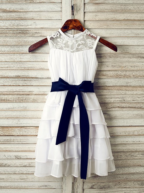 A-Line/Princess Chiffon Sash/Ribbon/Belt Scoop Sleeveless Tea-Length Flower Girl Dresses DEP0007521