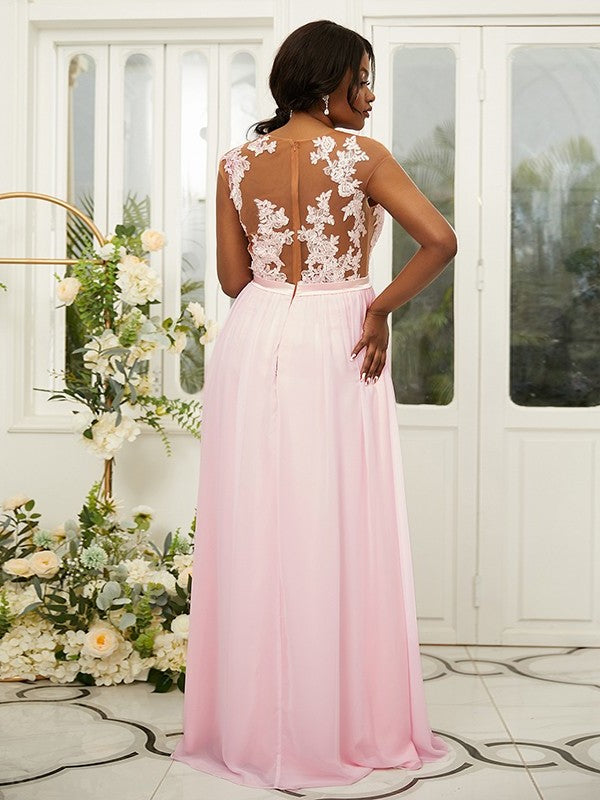 A-Line/Princess Chiffon Applique Scoop Sleeveless Floor-Length Bridesmaid Dresses DEP0004918