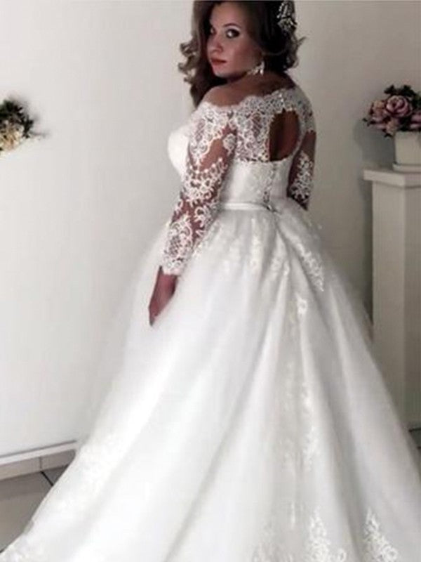 A-Line/Princess Off-the-Shoulder Long Sleeves Sweep/Brush Train Lace Tulle Wedding Dresses DEP0005965