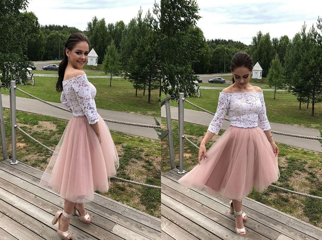 A-Line/Princess Tulle Lace Off-the-Shoulder Long Sleeves Tea-Length Homecoming Dresses DEP0004072