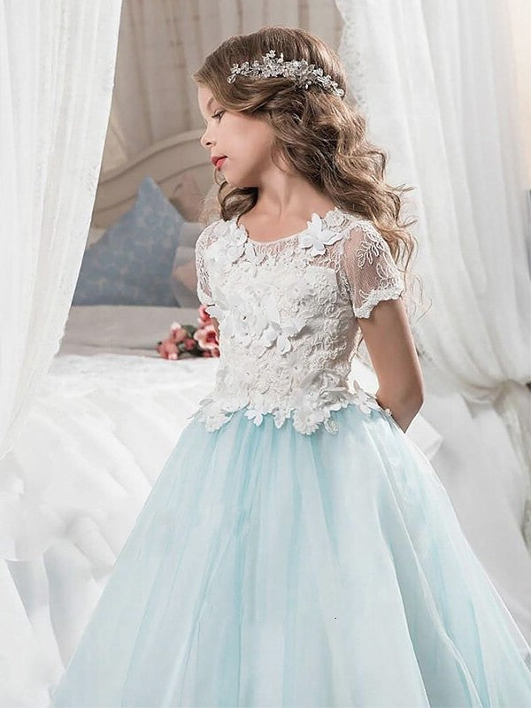 A-line/Princess Scoop Short Sleeves Lace Tulle Floor-Length Flower Girl Dresses DEP0007583