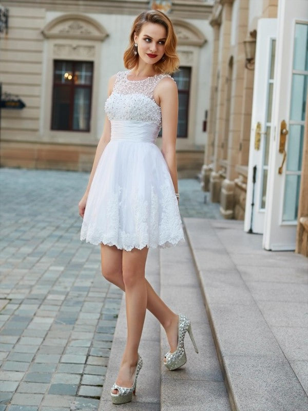A-Line/Princess Jewel Sleeveless Pearls Short/Mini Lace Dresses DEP0003535
