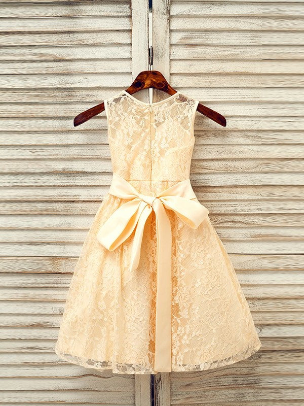 A-Line/Princess Lace Sash/Ribbon/Belt Scoop Sleeveless Tea-Length Flower Girl Dresses DEP0007520