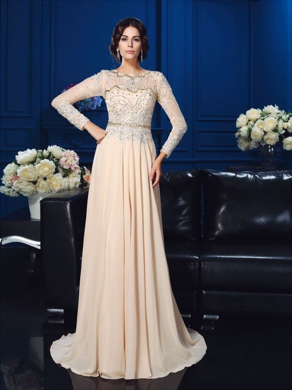 A-Line/Princess Scoop Beading Long Sleeves Long Chiffon Mother of the Bride Dresses DEP0007085