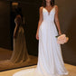 A-Line/Princess Charmeuse Spaghetti Straps Ruffles Sleeveless Sweep/Brush Train Wedding Dresses DEP0006078