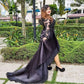 A-Line/Princess Satin Lace Bateau Long Sleeves Asymmetrical Plus Size Dresses DEP0001484