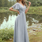 A-Line/Princess Chiffon Ruffles V-neck Short Sleeves Floor-Length Bridesmaid Dresses DEP0004977
