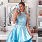 A-Line/Princess Satin Lace Sleeveless Halter Short/Mini Two Piece Homecoming Dresses DEP0004654