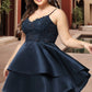 Shyanne A-line V-Neck Short/Mini Lace Satin Homecoming Dress DEP0020504