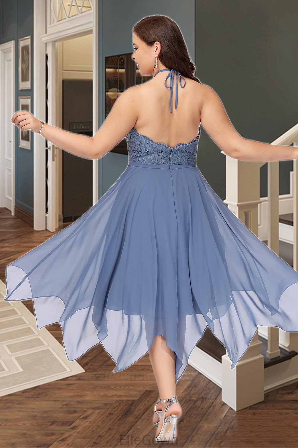 Quintina A-line Halter Asymmetrical Chiffon Lace Homecoming Dress DEP0020561