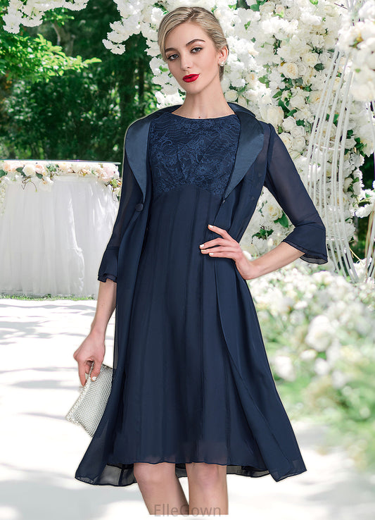 Neveah A-Line Scoop Neck Knee-Length Chiffon Lace Mother of the Bride Dress With Ruffle DE126P0014966