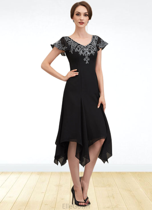Karley A-Line V-neck Tea-Length Chiffon Lace Mother of the Bride Dress With Sequins DE126P0014967