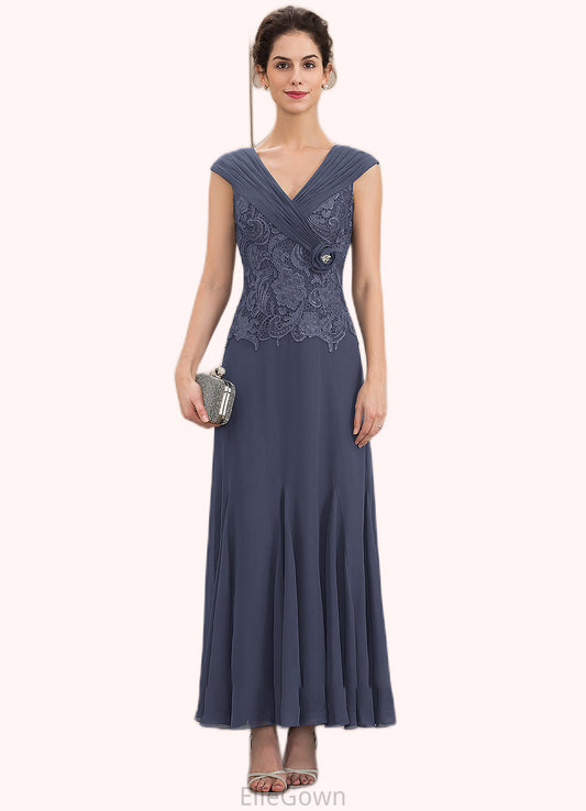 Millie A-Line V-neck Ankle-Length Chiffon Lace Mother of the Bride Dress With Ruffle Beading DE126P0014971