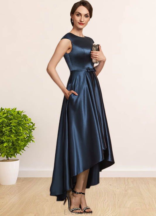 Norma A-Line Scoop Neck Asymmetrical Satin Mother of the Bride Dress With Bow(s) Pockets DE126P0014976
