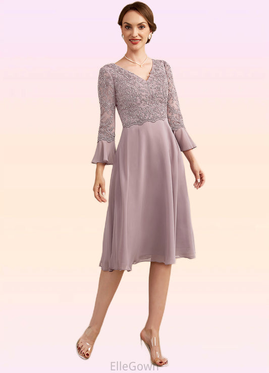 Stella A-Line V-neck Knee-Length Chiffon Lace Mother of the Bride Dress With Sequins Cascading Ruffles DE126P0014977
