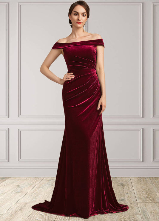 Cristal Trumpet/Mermaid Off-the-Shoulder Sweep Train Velvet Mother of the Bride Dress With Ruffle DE126P0014988