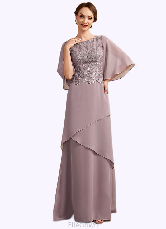 Morgan A-Line Scoop Neck Floor-Length Chiffon Lace Mother of the Bride Dress With Sequins Cascading Ruffles DE126P0014991