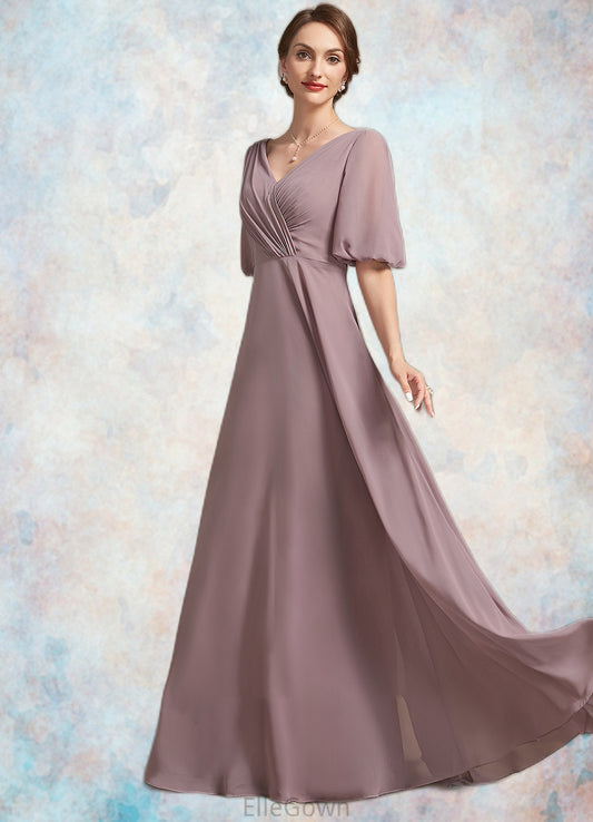 Lesley A-Line V-neck Floor-Length Chiffon Mother of the Bride Dress With Ruffle DE126P0014992