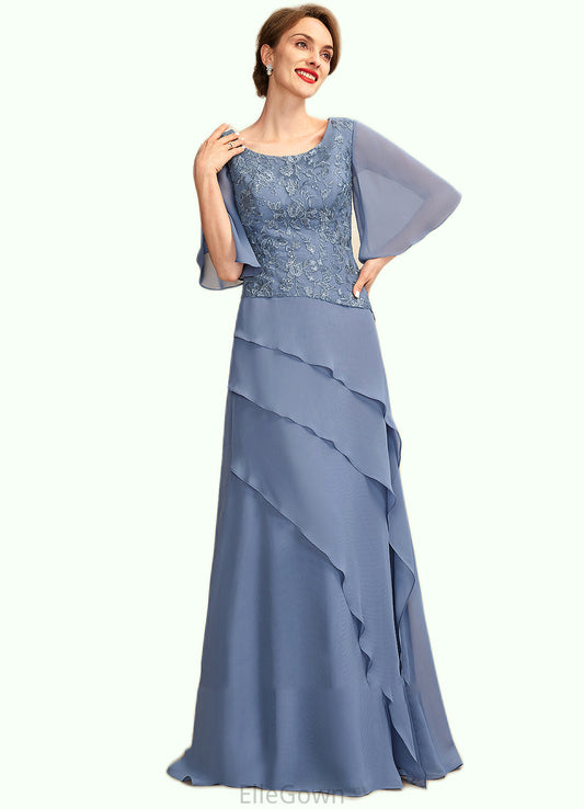 Cali A-Line Scoop Neck Floor-Length Chiffon Lace Mother of the Bride Dress With Sequins Cascading Ruffles DE126P0014997