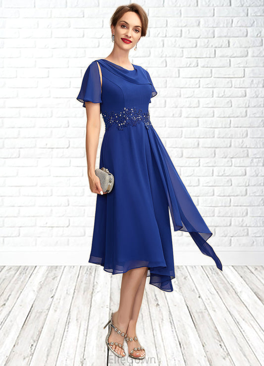 Gretchen A-Line Scoop Neck Asymmetrical Chiffon Mother of the Bride Dress With Beading Appliques Lace Cascading Ruffles DE126P0014998