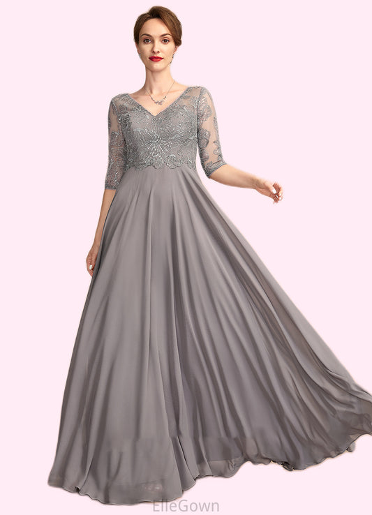 Catalina A-Line V-neck Floor-Length Chiffon Lace Mother of the Bride Dress With Sequins DE126P0014999