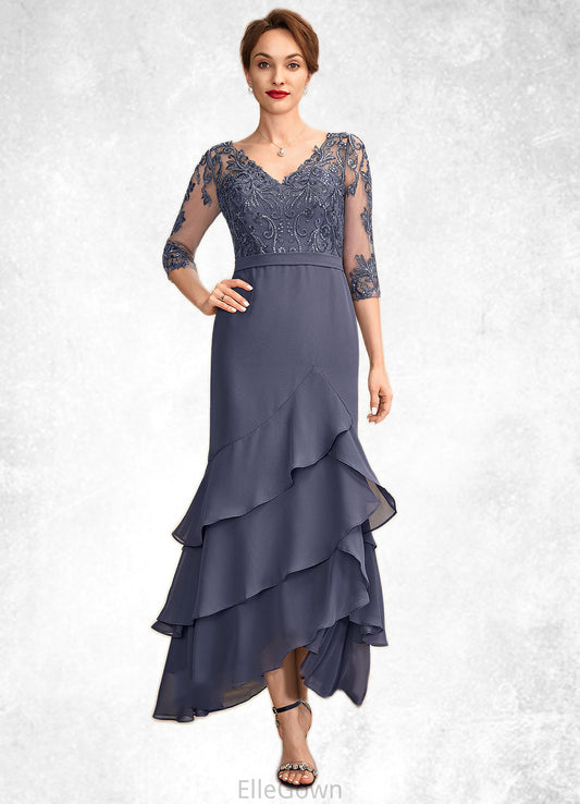 Judith Trumpet/Mermaid V-neck Asymmetrical Chiffon Lace Mother of the Bride Dress With Sequins Cascading Ruffles DE126P0015007