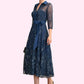 Elvira A-Line V-neck Tea-Length Chiffon Lace Mother of the Bride Dress With Sequins Bow(s) DE126P0015017