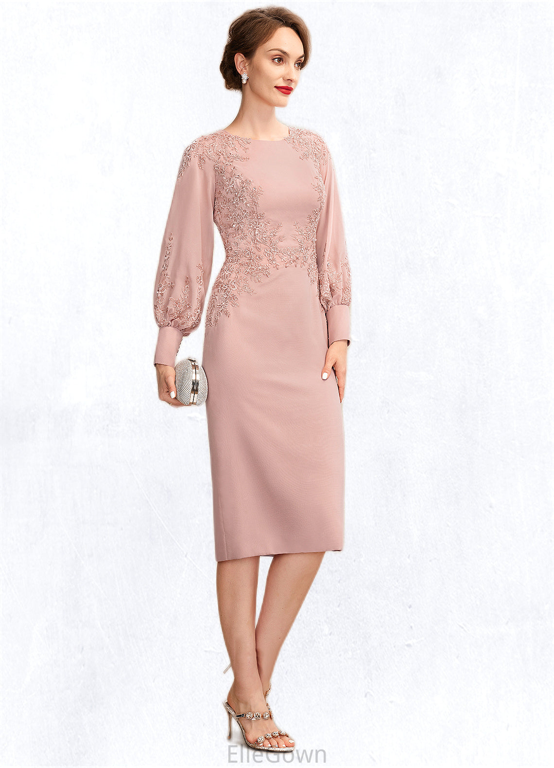 Martina Sheath/Column Scoop Neck Knee-Length Chiffon Lace Mother of the Bride Dress With Beading Sequins DE126P0015020