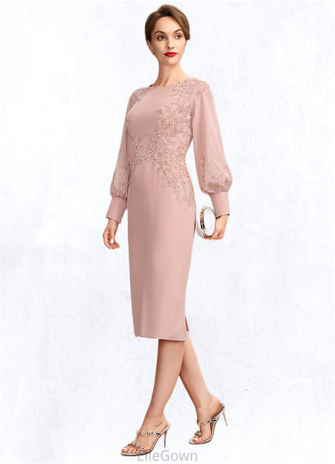 Martina Sheath/Column Scoop Neck Knee-Length Chiffon Lace Mother of the Bride Dress With Beading Sequins DE126P0015020