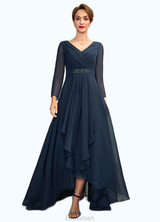 Janet A-Line V-neck Asymmetrical Chiffon Mother of the Bride Dress With Ruffle Beading Bow(s) DE126P0015021