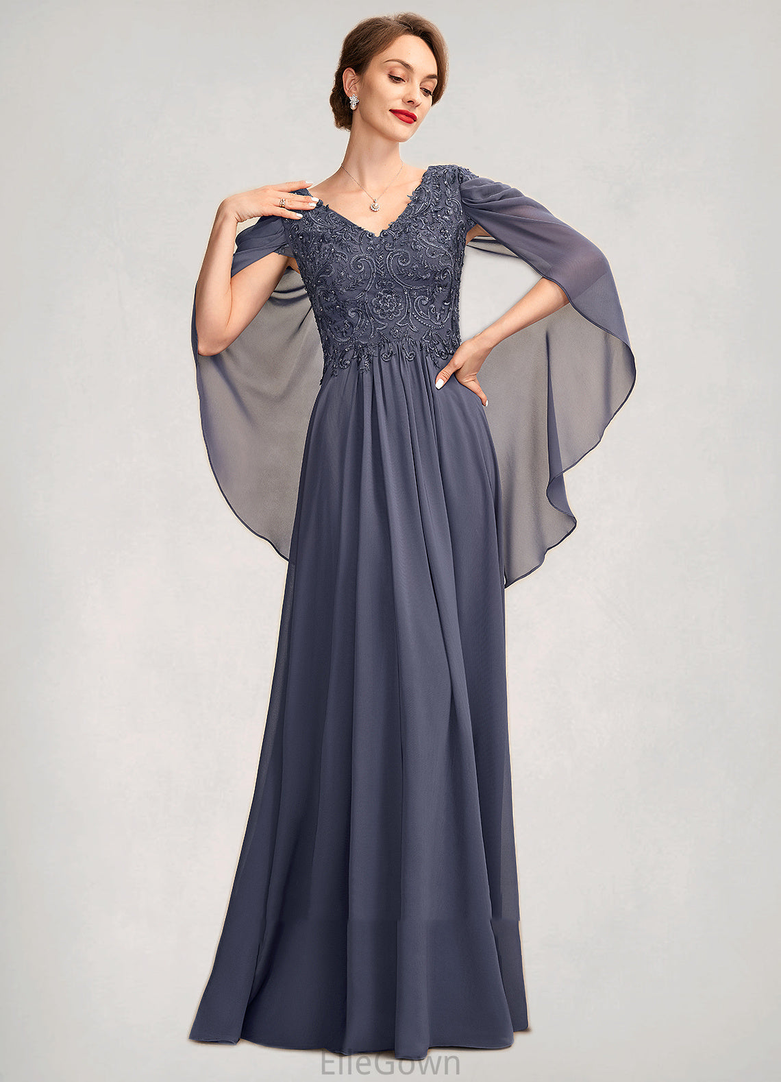Karsyn A-Line V-neck Floor-Length Chiffon Lace Mother of the Bride Dress With Beading Sequins DE126P0015022