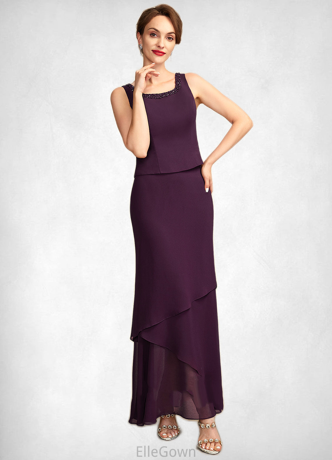 Madeleine Sheath/Column Scoop Neck Ankle-Length Chiffon Mother of the Bride Dress With Beading Sequins DE126P0015024