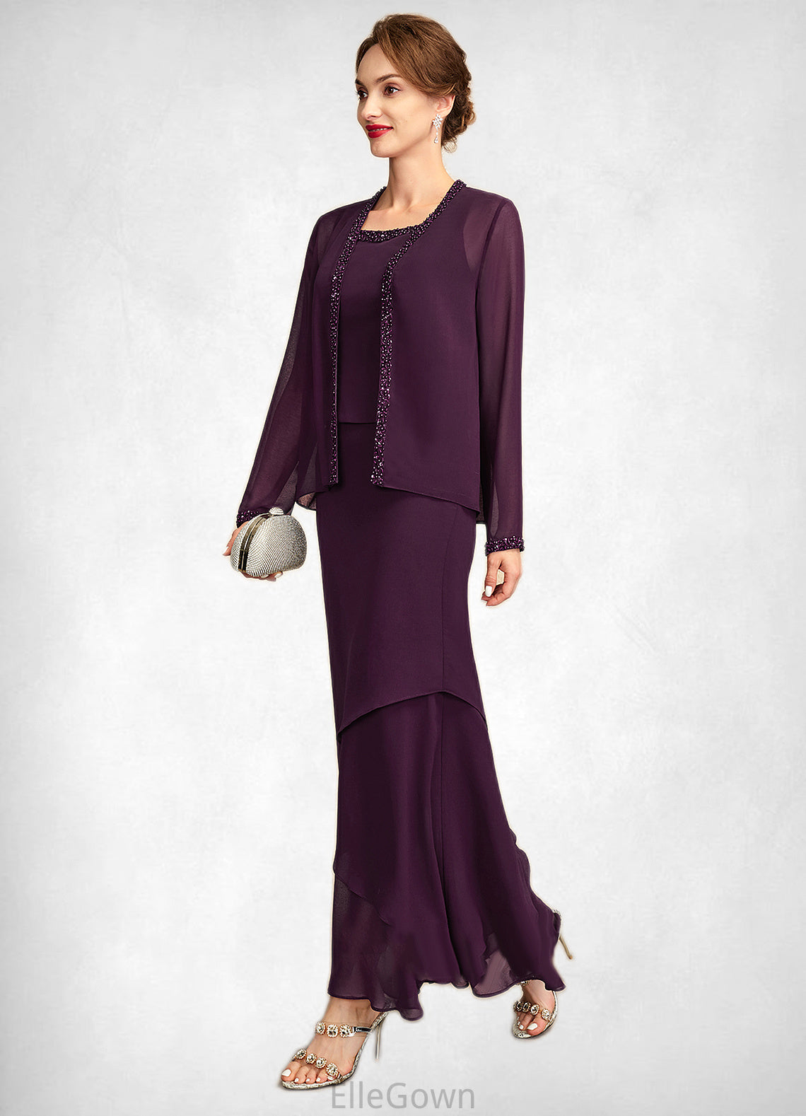Madeleine Sheath/Column Scoop Neck Ankle-Length Chiffon Mother of the Bride Dress With Beading Sequins DE126P0015024