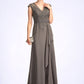 Deja A-Line V-neck Floor-Length Chiffon Lace Mother of the Bride Dress With Beading Sequins Cascading Ruffles DE126P0015030