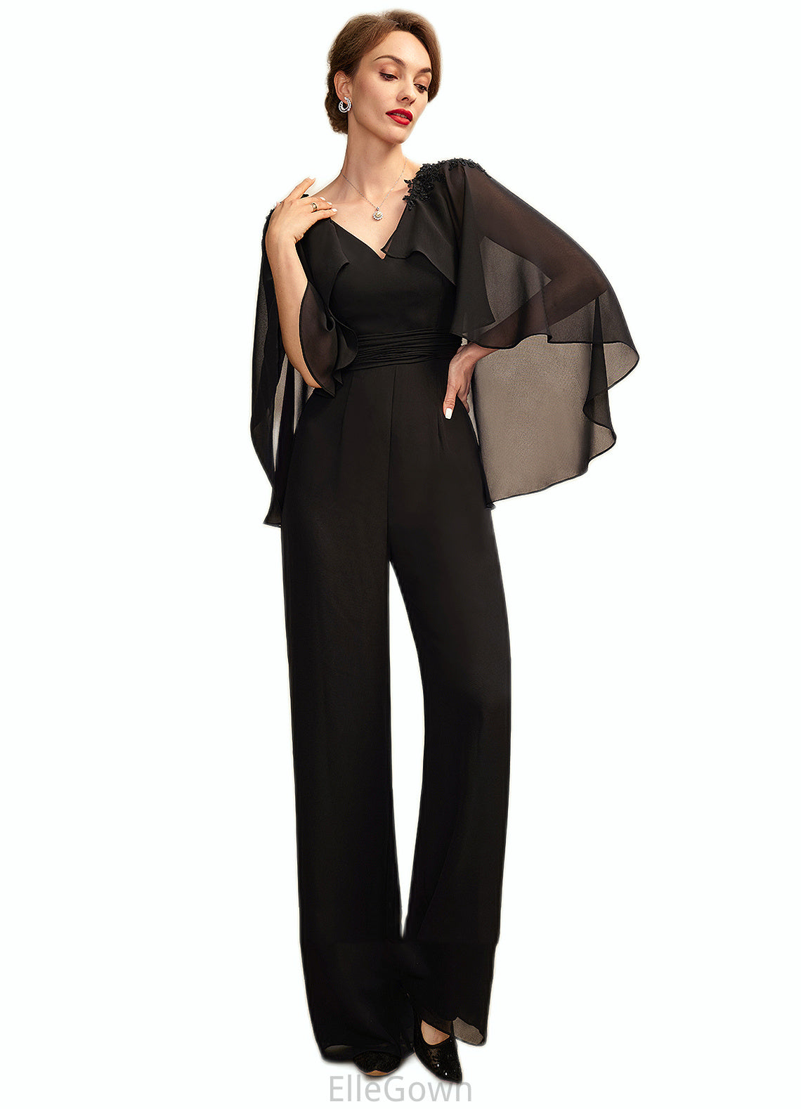 Arianna Jumpsuit/Pantsuit V-neck Floor-Length Chiffon Mother of the Bride Dress With Ruffle Beading Appliques Lace Sequins DE126P0015033