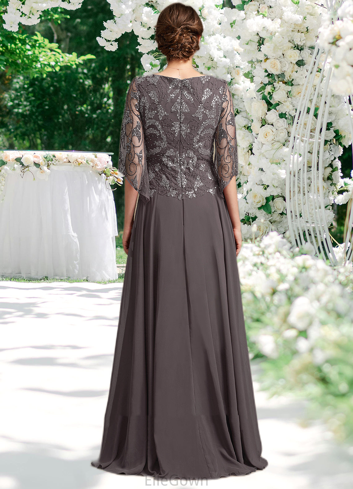 Zoey A-Line Scoop Neck Floor-Length Chiffon Lace Mother of the Bride Dress With Beading Sequins DE126P0015036